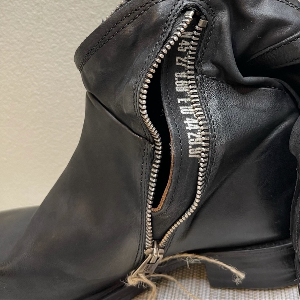 A.S.98 Black Leather Mid-Calf Moto Boots with Silver Zippers - Picture 14 of 16